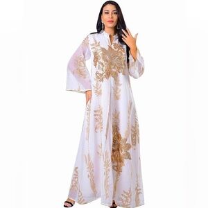 Gold Embroidered Long Sleeve White Sheer Maxi Dress XL